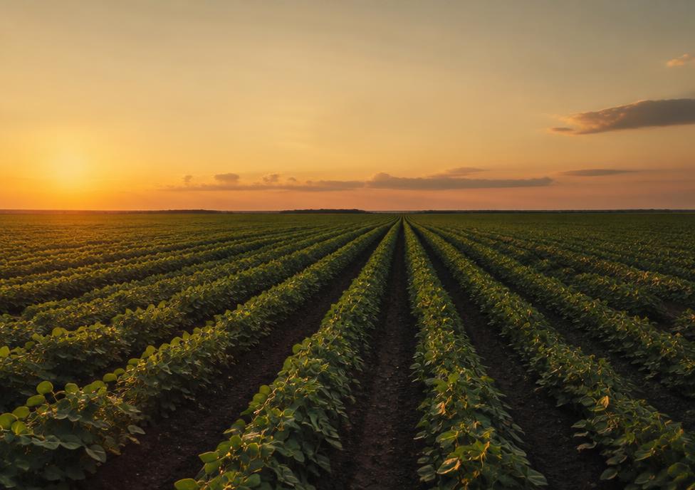 Crop rows stretching to the horizon at golden hour