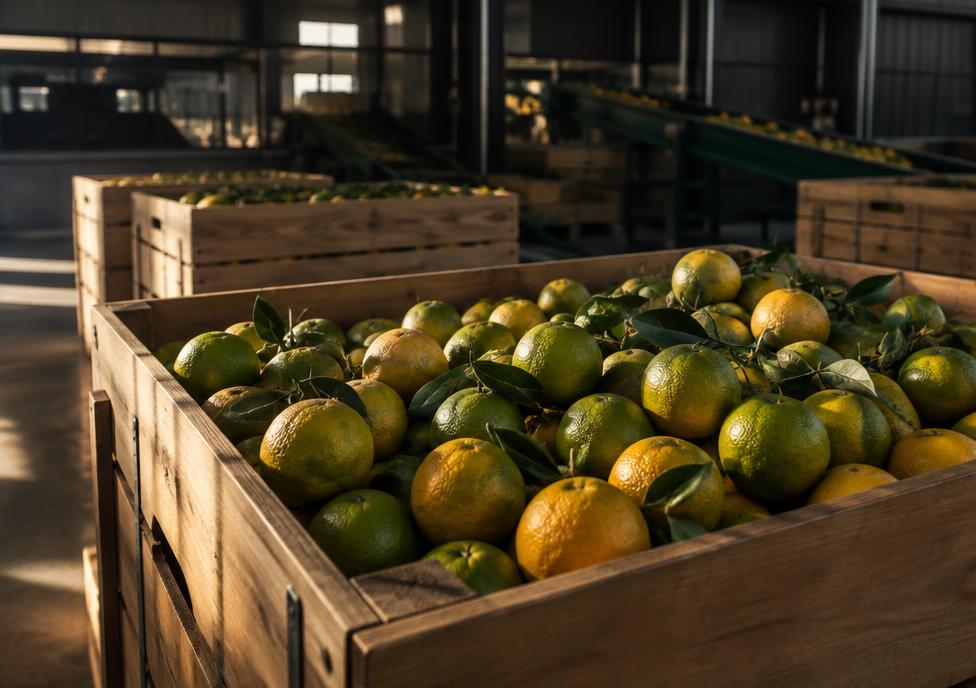 Freshly harvested citrus fruit in packing crates