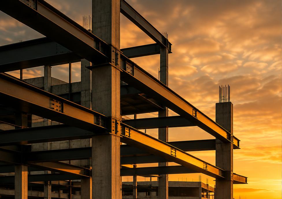 Exposed steel structure of a building under construction