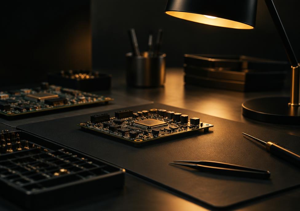 Circuit boards on a precision electronics workbench