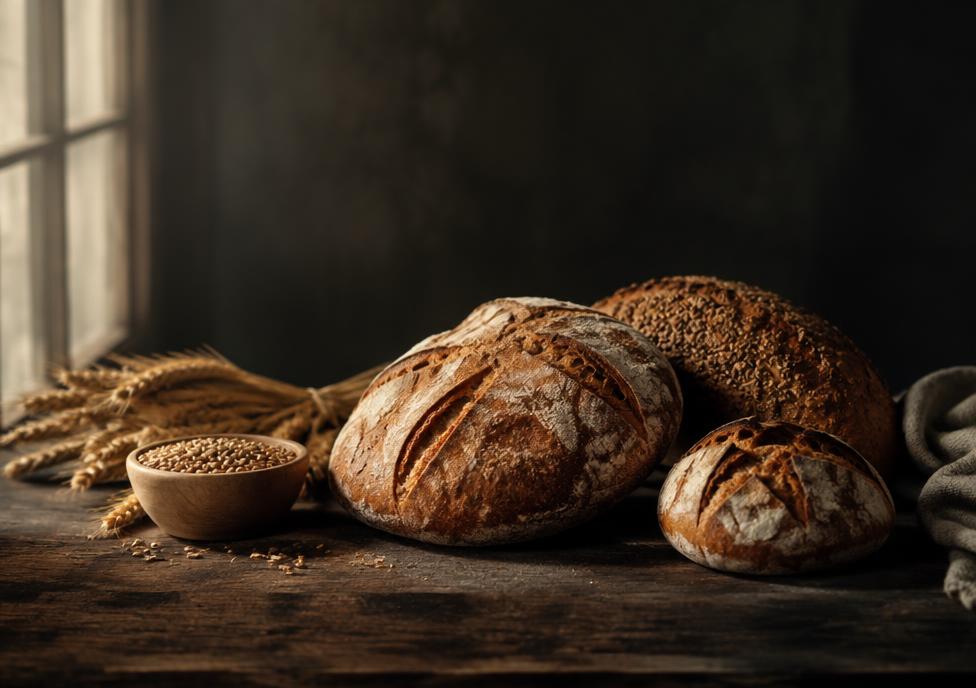 Artisanal bread and grains on a dark timber worktop