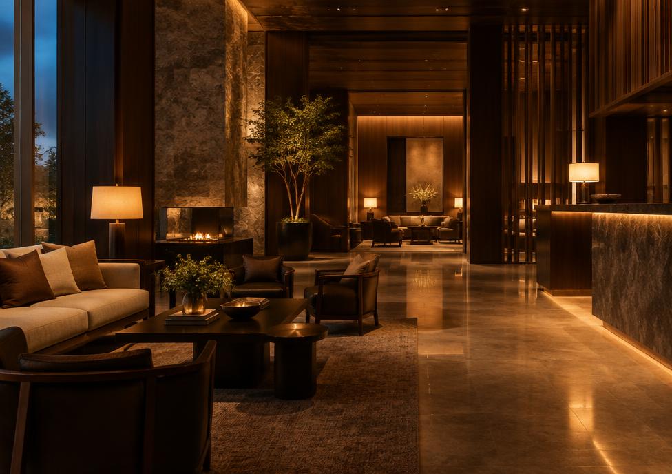 Elegant boutique hotel lobby in warm evening light
