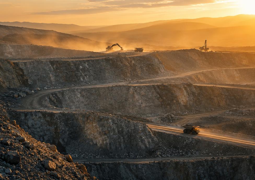 Open-pit quarry with terraced rock walls at golden hour