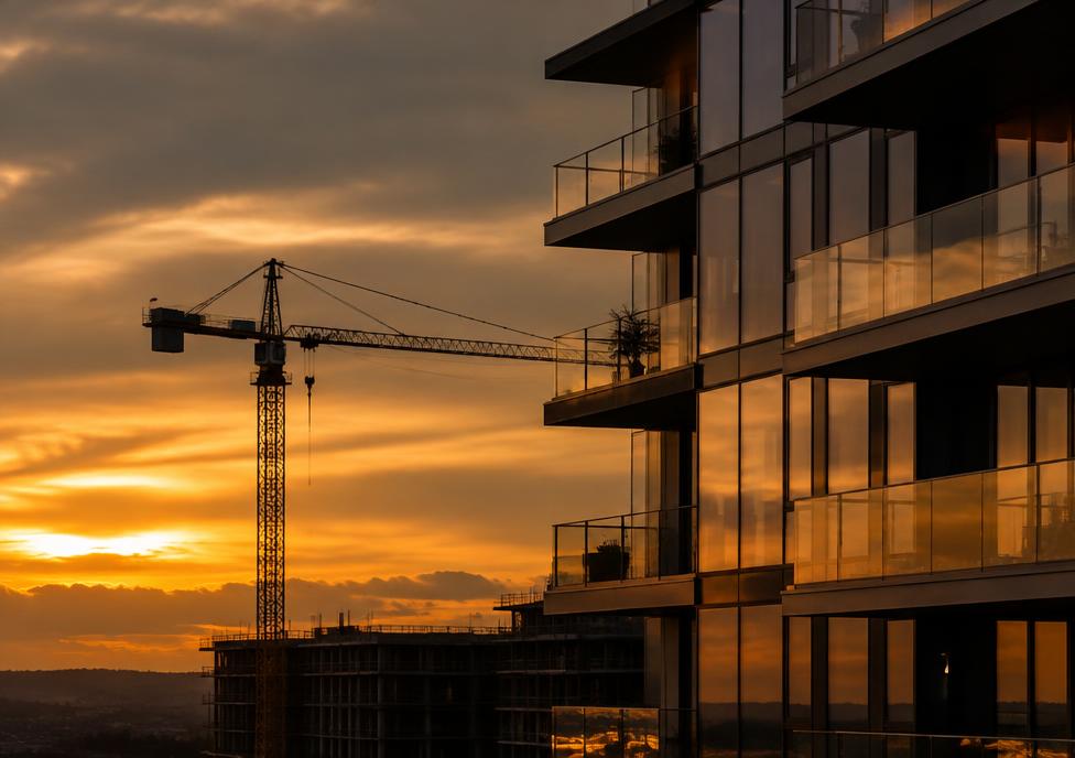 Modern apartment building with a construction crane at dusk