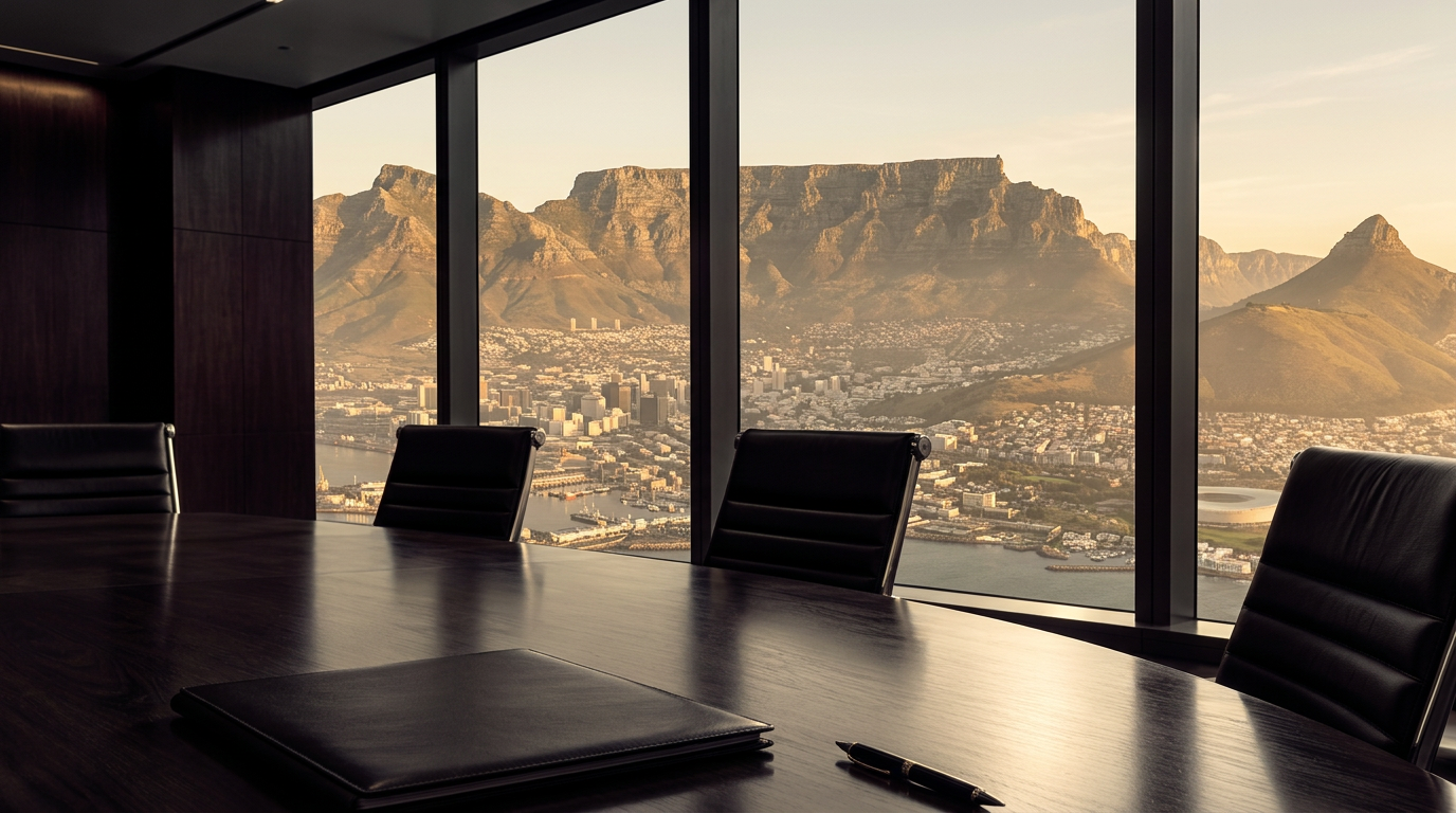 Boardroom table with a view of Table Mountain and Cape Town through floor-to-ceiling windows